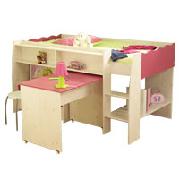 Wooden Mid Sleeper Bed with Desk - Pink and White