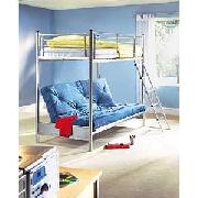 Silver Metal Bunk Bed with Plain Blue Futon Mattress